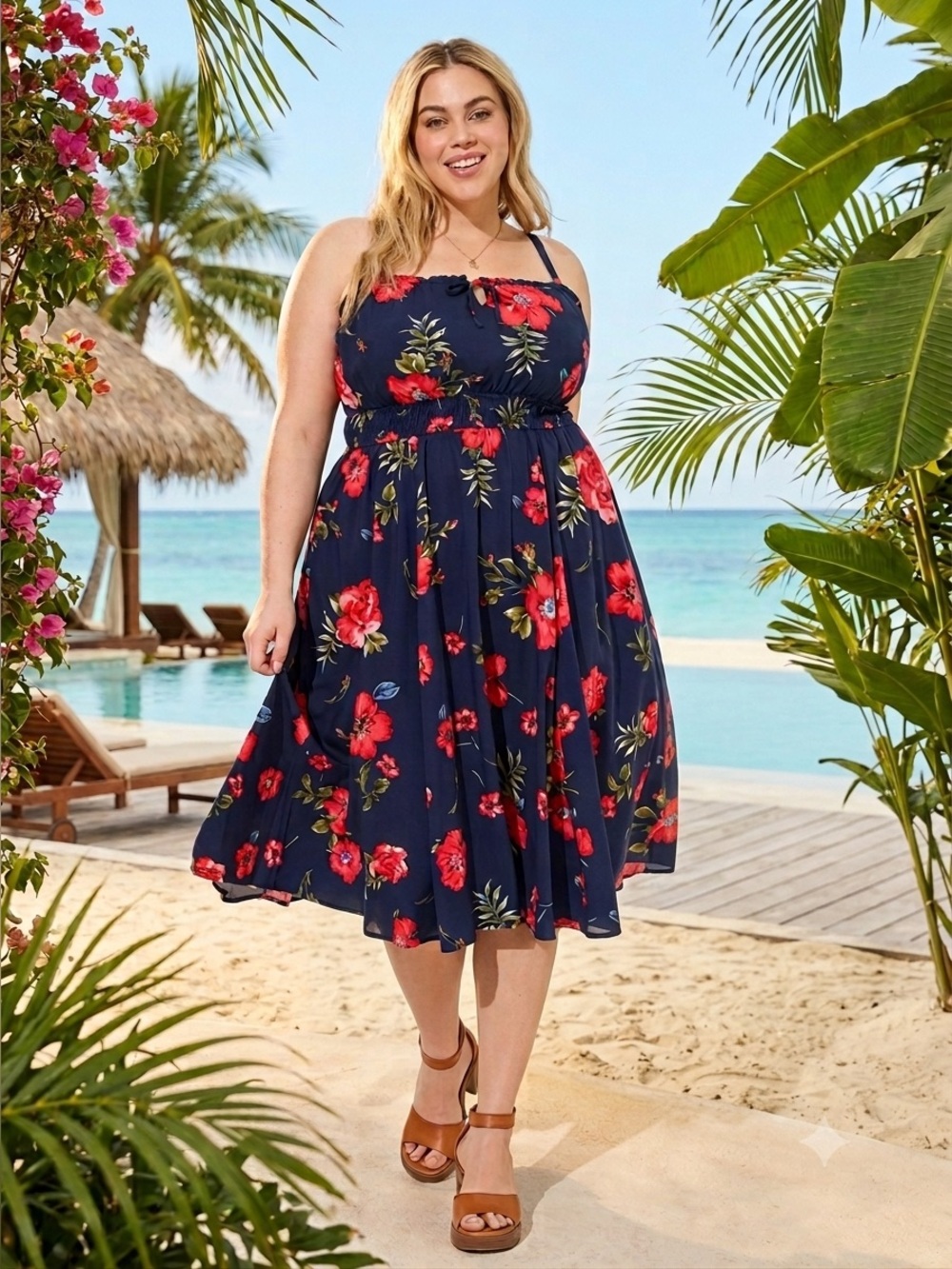 torrid Navy Floral Midi Dress with Red Bloom Print